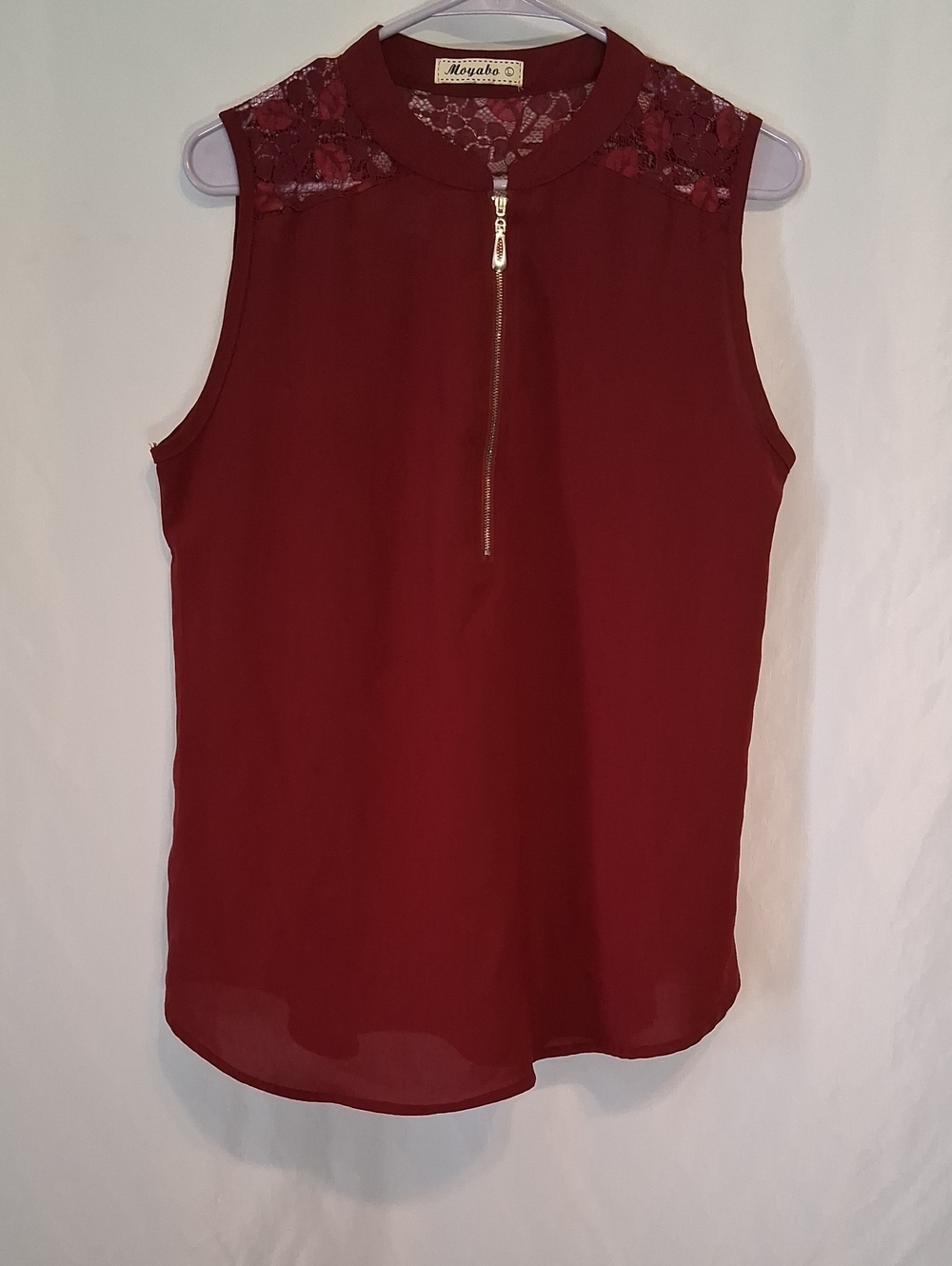 Moyabo Burgundy Sleeveless Lace Patchwork Zip-Front Chiffon Blouse - L